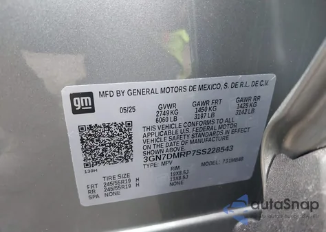 2025 Chevrolet Equinox Ev Lt 1 из США, поврежденный, VIN 3GN7DMRP7SS228543